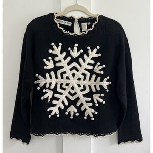 Michael Simon Black White Snowflake Embroidered Cardigan Sweater Small Holiday